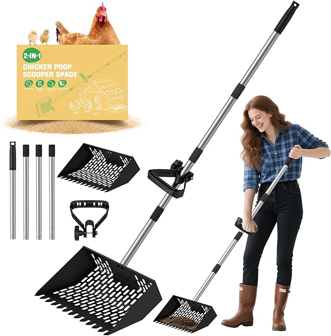 Chicken Poop Scooper for Sand 2-in-1, Heavy Duty Chicken Scooper for Poop with 35" to 65" Stainless Steel Handle, Chicken Coop Scooper Rake, Litter Scooper Sand Sifting Shovel for Chicken Coops & Pet