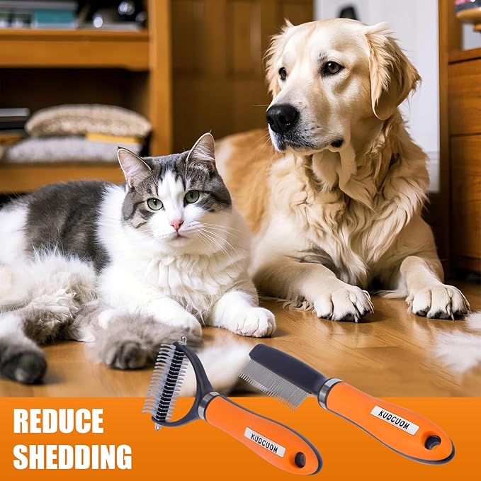 Pet Grooming Combo, featuring a Deshedding Brush and Dematting Combs, is specifically tailored for long-haired dogs and cats with tangled hair