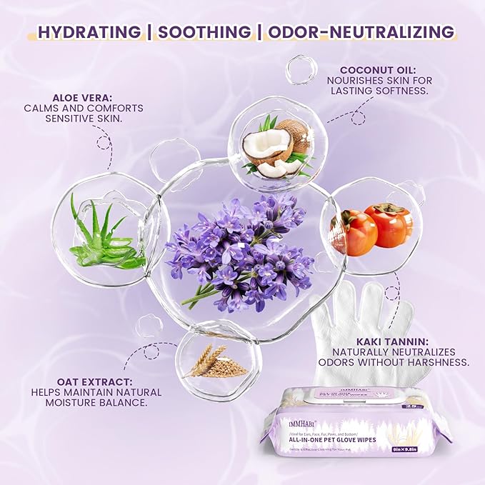 100 Pcs Cleaning Deodorizing Pet Glove Wipes for Dogs & Cats, Hypoallergenic Dog Bath Wipes with Natural Deodorizer Persimmon Tannin, Pet Bathing Wipes for Horse Coat Care Lavender Scent