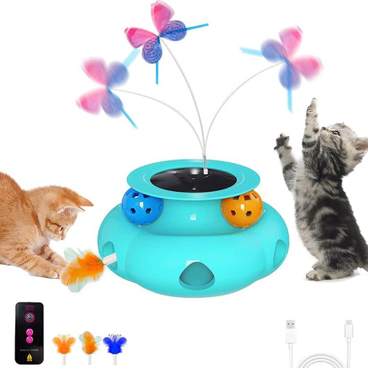 Crazydeer Interactive Cat Toys for Indoor Cats, 3in1 Pet Teaser Toy with Ambush Feather Wand, Fluttering Butterfly and Track Balls, Touch Activated Automatic Kitten Rechargeable Toys