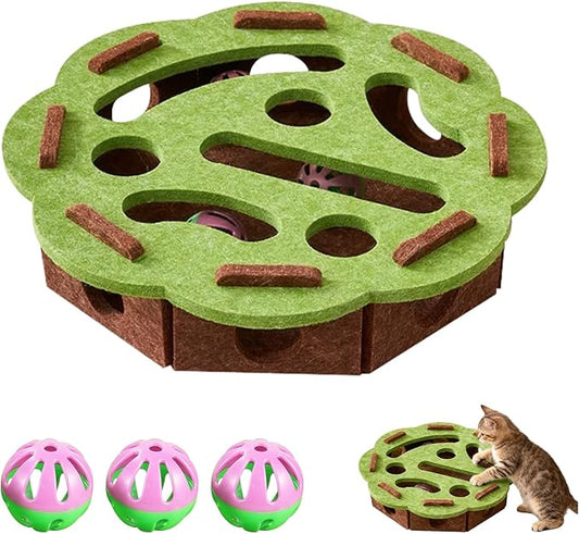 Cat Scratch Puzzle Enrichment Box, Interactive Cat Nail File Enrichment Box, Cats Nail File Scratcher with 2 Track Balls, Puzzle Felt Maze Box for Indoor Cats Scratching and Hunting (Green)