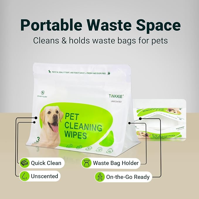 Pet Wipes for Dogs & Cats, Individually Wrapped Dog & Cat Wipes for Paws, Face & Body, Alcohol-Free Pet Grooming Wipes, 8"×8", 60 Count (20 Travel Packs)