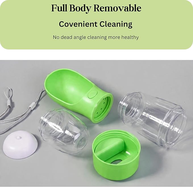 3-in-1 Dog & Cat Water Bottle Portable with Food Container & Poop Bag Holder - BPA Free Travel Pet Dispenser, Leak-Proof Design, Includes 60 Waste Bags, 400ml, Green