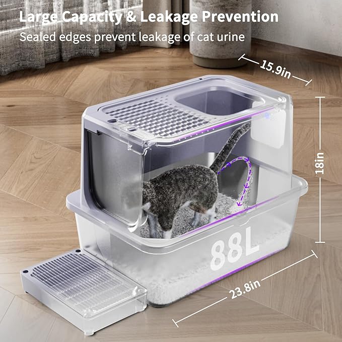 RIZZARI Stainless Steel Litter Box: Jumbo 23.8" Covered & High-Sided Litter Pan for Large Cats & Multi-Cat Homes – Durable - Odor-Free, Easy Clean - Indoor Use in Apartment - Bathroom - Living Room