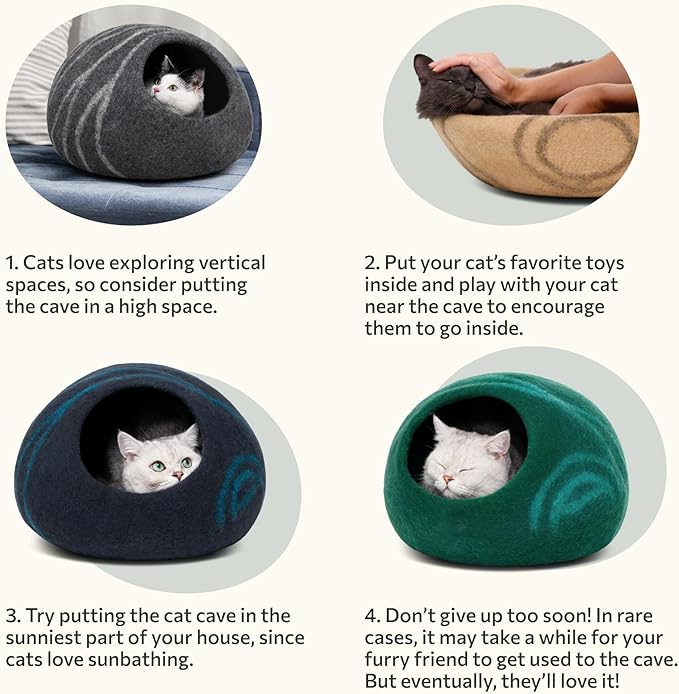 MEOWFIA Cat Cave – Premium Felt Cat Bed for Indoor Cats, Handmade Merino Wool (Light Grey, Medium)