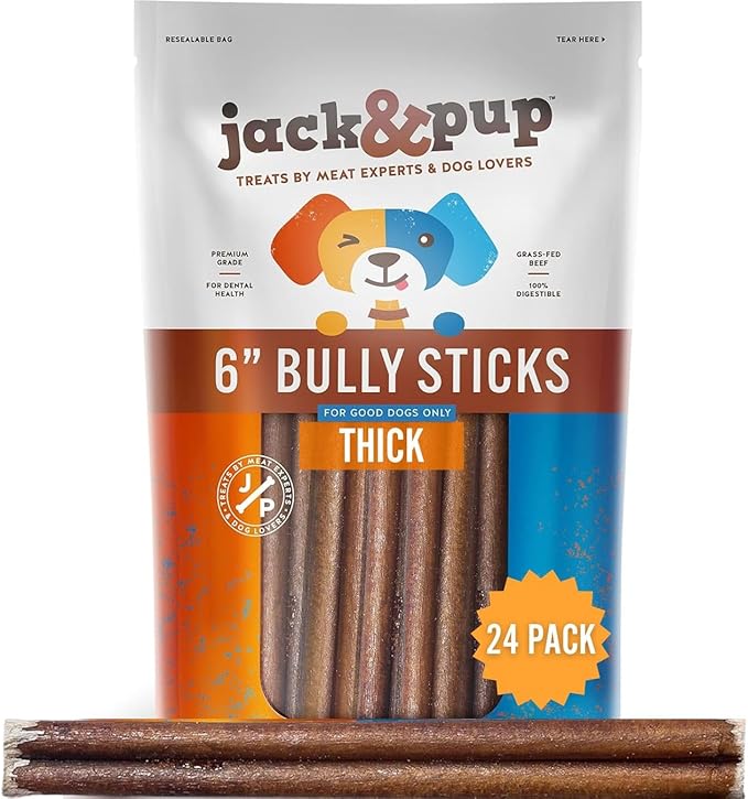 Jack&Pup 6 Inch Thick Bully Sticks for Dogs (24 Pack) Bully Stick Dog Chews, Single Ingredient 100% Beef Bully Sticks for Medium and Large Dogs