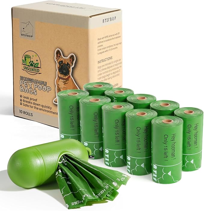 ATIFBOP Biodegradable Dog Poop Bags 150 Counts with Dispenser, Leak Proof and Extra Thick, Poop Bag Holder(Unscented)