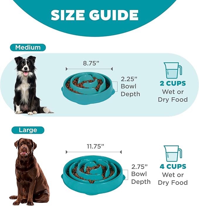 Outward Hound Fun Feeder Slo Bowl – Medium 2‑Cup Capacity, Slow Feeding, Small to Medium Dogs & Cats, Non-Slip, Turquoise, Drop Pattern