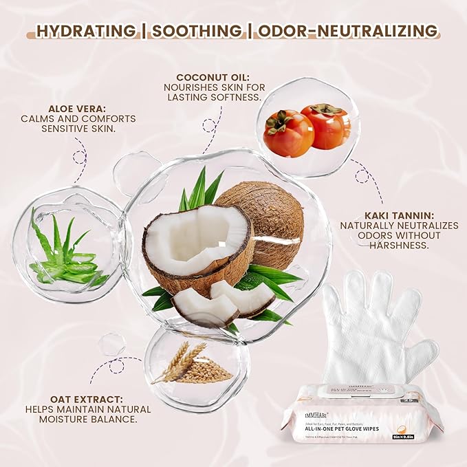 50 Pcs Cleaning Deodorizing Pet Glove Wipes for Dogs & Cats, Hypoallergenic Dog Bath Wipes with Natural Deodorizer Persimmon Tannin, Pet Bathing Wipes for Horse Coat Care Coconut Scent