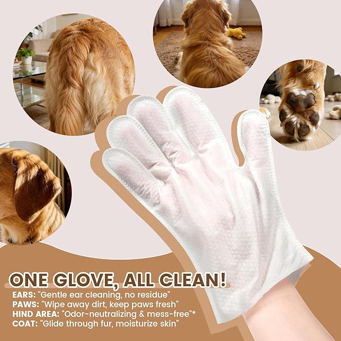 50 Pcs Cleaning Deodorizing Pet Glove Wipes for Dogs & Cats, Hypoallergenic Dog Bath Wipes with Natural Deodorizer Persimmon Tannin, Pet Bathing Wipes for Horse Coat Care Coconut Scent