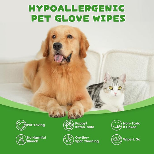 Pet Glove Wipes for Dogs & Cats,Shedding Control, Dander Removal & Paw Cleaning, Travel Essentials for Pets(20 Individual Pack)