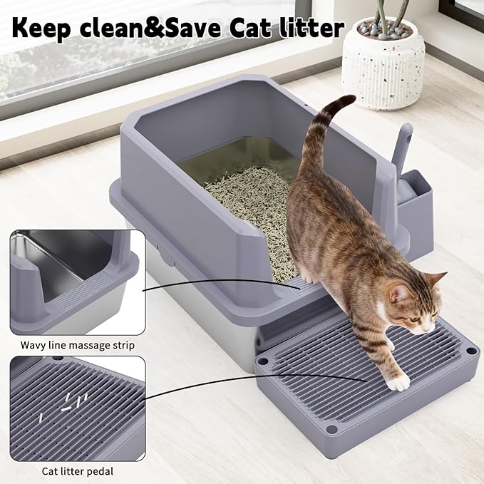 RIZZARI Cat Litter Box Large: Gray Stainless Steel Leakproof Open Top Tray for Odor Control - Bathroom Balcony Use - Multi-Cat Household Solution