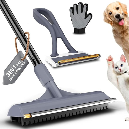 Carpet Rake for Pet Hair Removal - 3 in 1 Reusable Pet Hair Remover Tool with 58" Adjustable Long Handle,Dog & Cat Carpet Scraper,Pet Hair Remover for Rugs,Mats,Couch,Curtains(Gray)
