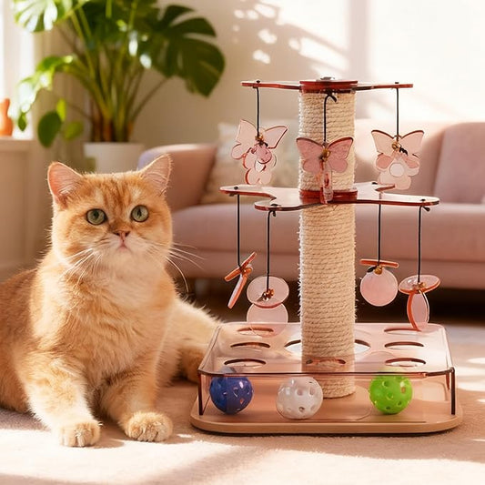 Kicari Modern 3-in-1 Interactive Cat Toy, Puzzle Box Cat Puzzle Toys for Indoor Cats with with Colorful Jingle Balls, Small Cotton Scratching Post, 2-Layer Spinning Dangling Toys, Acrylic Pink