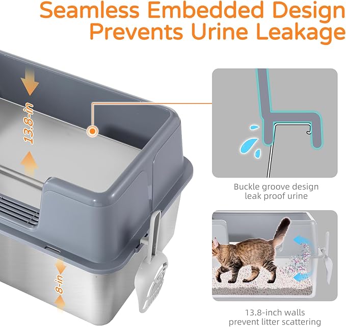 2 Pack Stainless Steel Cat Litter Box with Lid, 23.7" L x 15.8" W x 13.8" H XL Metal Litter Tray for Big Cats, High Sided Enclosure, Non-Sticky, Anti Urine Leakage, Easy Cleaning