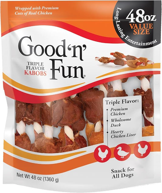 Good ‘n’ Fun Triple Flavor Kabobs Chews for All Dogs, 48 Ounces, Treat Your Dog to Long-Lasting Chews Made from Beef Hide, Real Chicken, Pork Hide, Duck and Chicken Liver