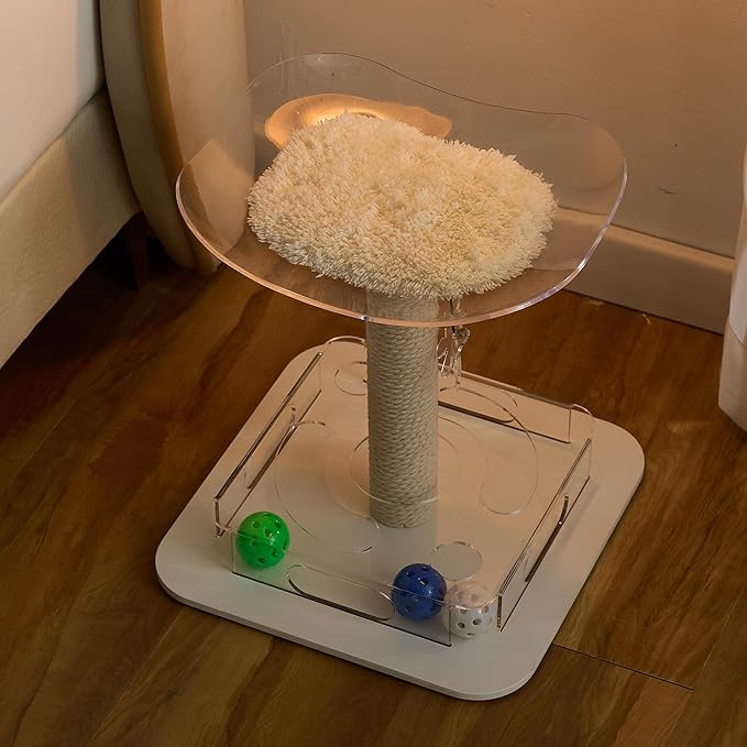 Kicari Modern 3-in-1 Interactive Cat Toy, Puzzle Box Cat Puzzle Toys for Indoor Cats with Bed/Perch, Small Cotton Scratching Posts, Colorful Jingle Balls, Dangling Toy Accent, Acrylic White