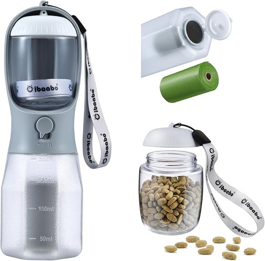 Dog Water Bottle with Food Container & Poop Bag Holder, Travel Water Bowl, Portable Pet Dispenser, Dog Gifts Stuff Accessories Items, Puppy Essentials for Yorkie Chihuahua Walking Hiking