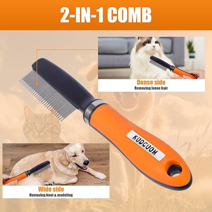 Pet Grooming Combo, featuring a Deshedding Brush and Dematting Combs, is specifically tailored for long-haired dogs and cats with tangled hair