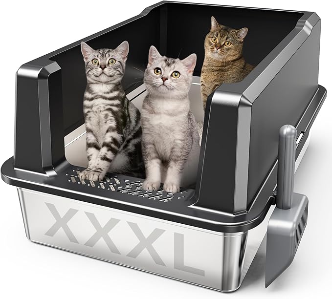 XXL Stainless Steel Cat Litter Box with High Sided, 27.6" L x 20" W x 14" H Extra Large Litter Box for Big Cats and Multiple Cats, Enclosure Cat Litter Pan with Anti-Urine Leakage, Easy Clean