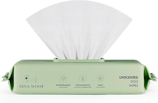 Nina Woof Dog Wipes – Fragrance-Free, Alcohol-Free, Hypoallergenic Pet Grooming Wipes with Aloe Vera, Biodegradable, for Dogs & Cats: Paws, Face, Ears & Butt – (70 Count)