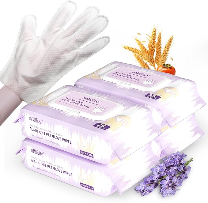 100 Pcs Cleaning Deodorizing Pet Glove Wipes for Dogs & Cats, Hypoallergenic Dog Bath Wipes with Natural Deodorizer Persimmon Tannin, Pet Bathing Wipes for Horse Coat Care Lavender Scent