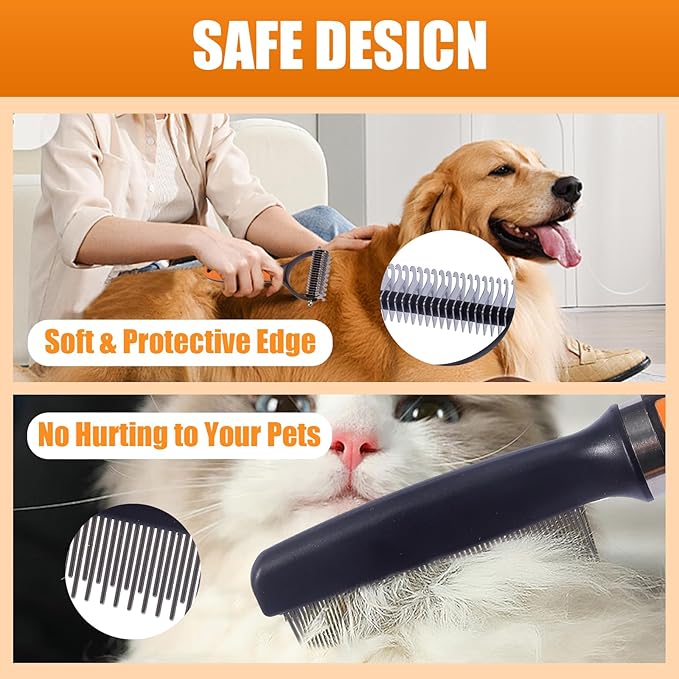 Pet Grooming Combo, featuring a Deshedding Brush and Dematting Combs, is specifically tailored for long-haired dogs and cats with tangled hair