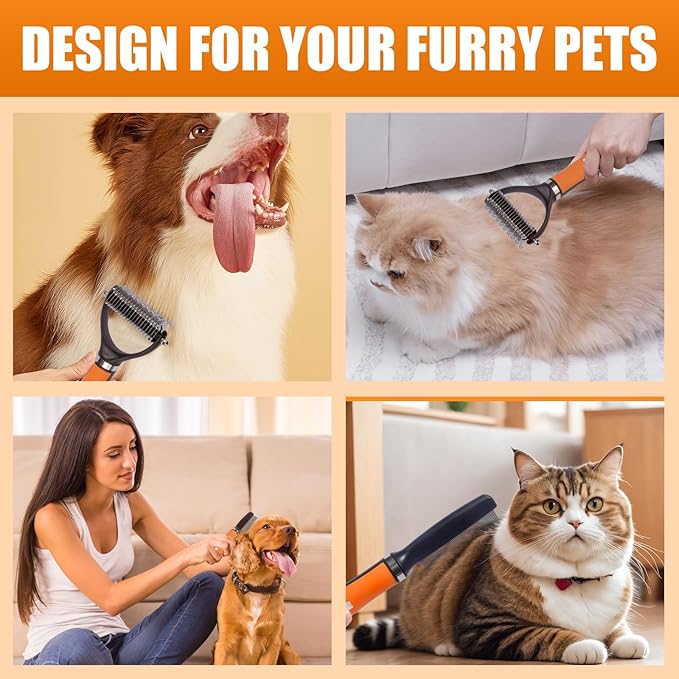 Pet Grooming Combo, featuring a Deshedding Brush and Dematting Combs, is specifically tailored for long-haired dogs and cats with tangled hair