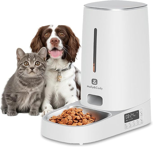 Automatic Cat Feeder,4L Programmable Timed Dog Food Dispenser,Portion Control,Pet Dry Food Container,Up to 60 Portions 6 Meals/Day,Opaque White,for Cats and Small Medium Dogs,for Travel & Weekend Use