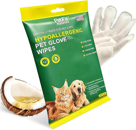 Thickened Pet Grooming Glove Wipes for Dogs & Cats - Finger Design for Deep Cleansing - Rinse-Free Hypoallergenic Bath Alternative - Deodorizing, Hydrating & Nourishing (6pcs)