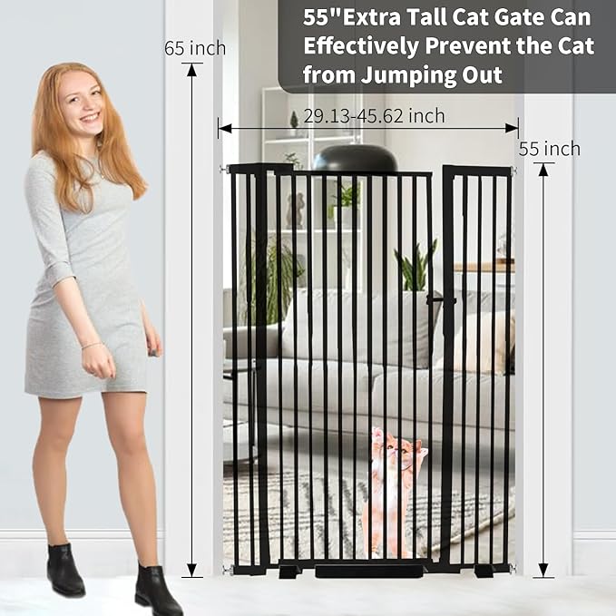 55.1 inch Extra Tall Pet Gate, Extra Wide 29.92"- 48.03" Adjustable Dog Gates, Pressure Mounted Walk Through Swing Safety Tall Cat Gate for Doorways, Stairs, Kitchen(Black)