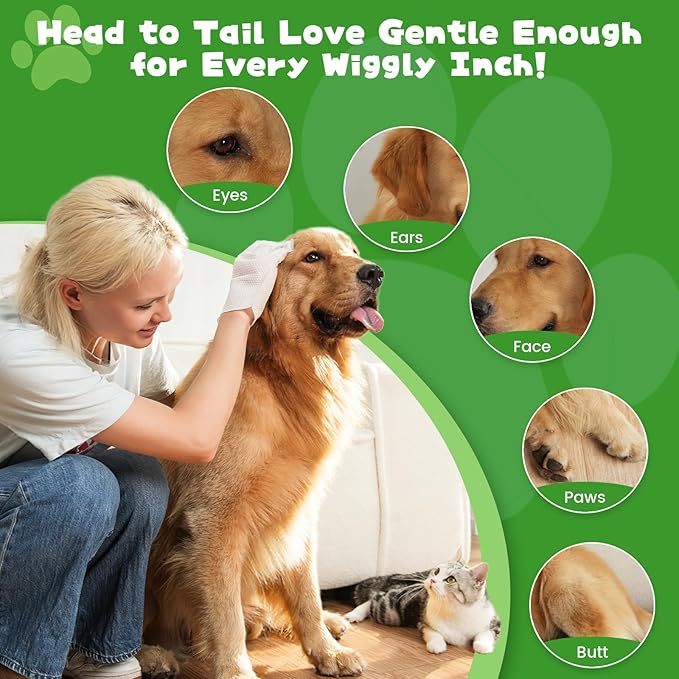 Pet Glove Wipes for Dogs & Cats,Shedding Control, Dander Removal & Paw Cleaning, Travel Essentials for Pets(20 Individual Pack)