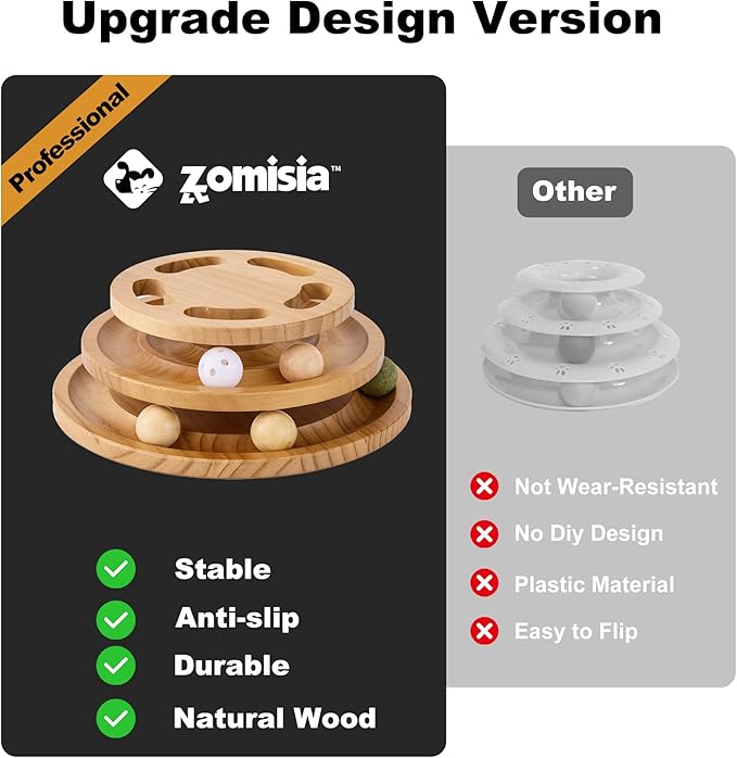 ZOMISIA Cat Ball Track Toy with Puzzle Top, Extra Large Wooden Cat Toys for Indoor Cats with Spinning Balls, Interactive Cat Ball Tower for Kitten Exercise Mental Physical