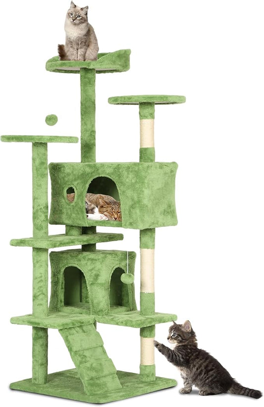 54" Cat Tree for Indoor Cats - Multi-Level Cat Tower with Scratching Posts, Jumping Platforms, Spacious Condo, Cat Bed Cave & Hidden Spaces - Durable Cat Furniture - Green