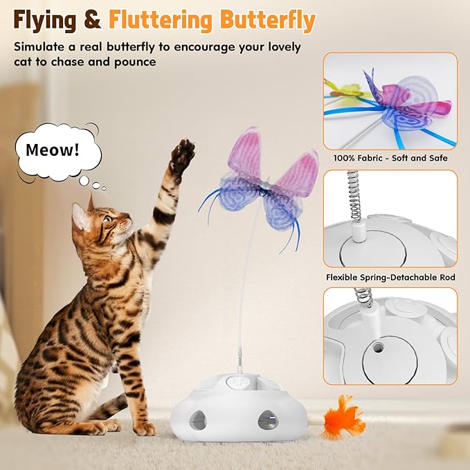 Crazydeer Interactive Cat Toys for Indoor Cats, 4in1 Pet Teaser Toy with Ambush Feather Wand, Motorized Fluttering Butterfly and Slow Feeder, Rechargeable Power Treat Puzzle Toys(White)