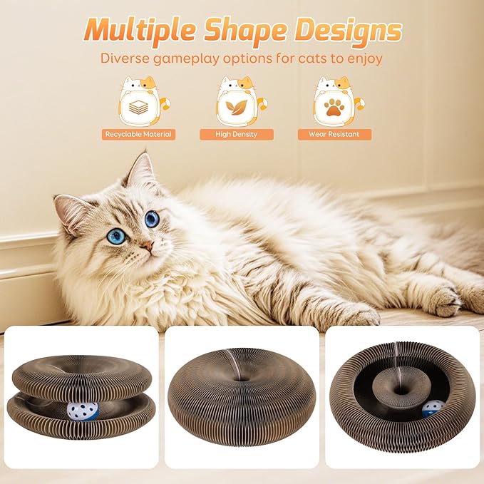 2 Pack Magic Organ Cat Scratcher Toys, Foldable & Reversible Accordion Kitty Toy with Bell Balls, Interactive Cardboard Scratching Board Scratcher Pad for Indoor Cats