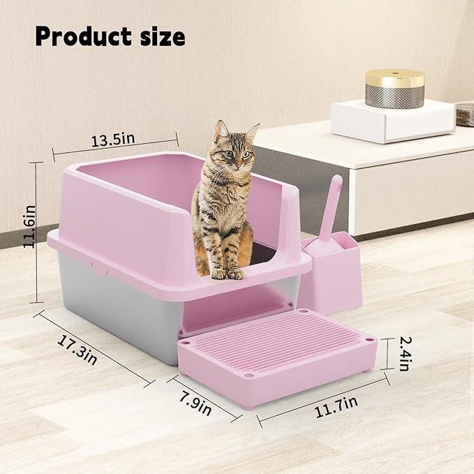RIZZARI Cat Litter Box Large: Pink Stainless Steel Leakproof Open Top Tray for Odor Control Bathroom Balcony Use - Multi-Cat Household Solution