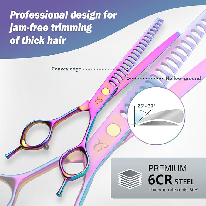 Dog Grooming Scissors, Professional 4 in 1 Dog Shears Set,Chunker Scissers,Curved Scissors,Thinning Shears and Comb for Cat Pet with Left Handed Deg Curved Shear