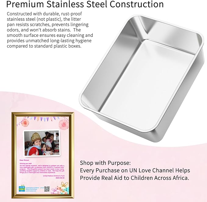 RIZZARI Cat Litter Box Large: Gray Stainless Steel Leakproof Open Top Tray for Odor Control - Bathroom Balcony Use - Multi-Cat Household Solution