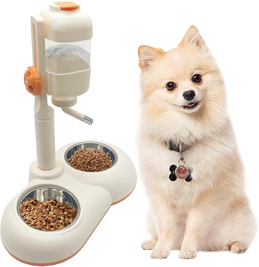 Fhiny Dog Water Feeder Bottle with Stand, Double Bowl Adjustable Automatic Dispenser Water Food for Kennel Leak-Proof No-Drip Pet Slow Water Bottle for Indoor Puppy Durable Drinker (White, 29 oz)