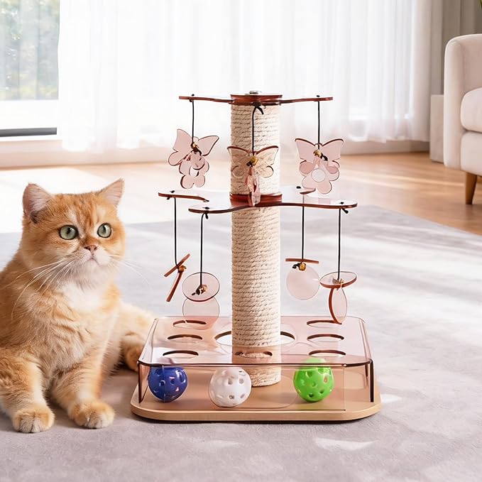 Kicari Modern 3-in-1 Interactive Cat Toy, Puzzle Box Cat Puzzle Toys for Indoor Cats with with Colorful Jingle Balls, Small Cotton Scratching Post, 2-Layer Spinning Dangling Toys, Acrylic Pink