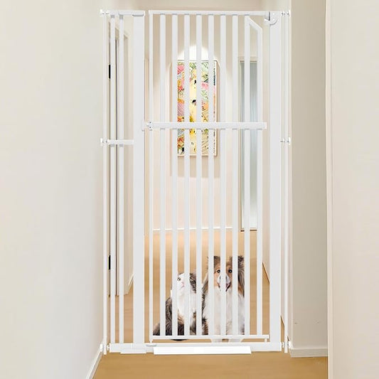 Glaf Extra Tall Pet Gate 63" Pressure Mounted Cat Door Safety Metal Cat Gate Adjustable Width Dog Gate Auto-Close Dog Door for Doorways, Stairs, Kitchen, Hallway (White, 33.86-37.4")