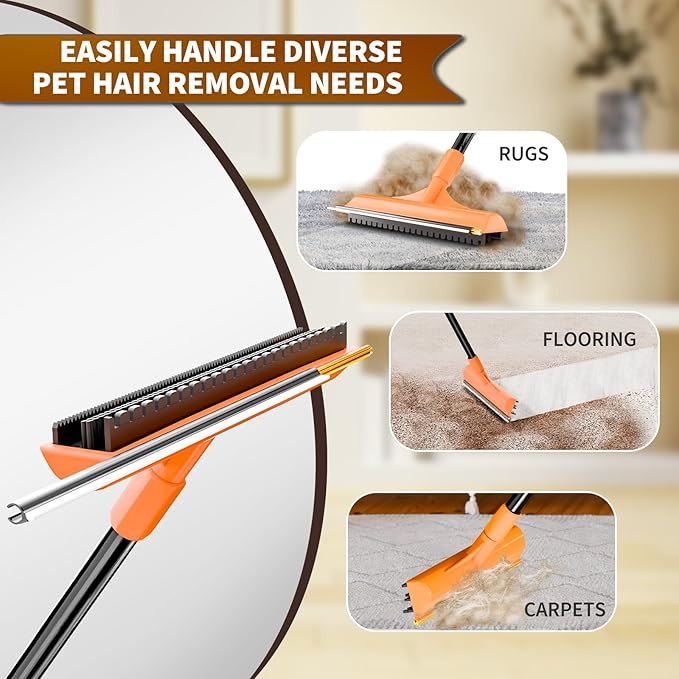 Carpet Rake for Pet Hair Removal - 3 in 1 Pet Hair Remover Tool with 58" Adjustable Long Handle,Reusable Dog & Cat Carpet Scraper,Pet Hair Remover for Rugs,Mats,Couch,Curtains(Orange)