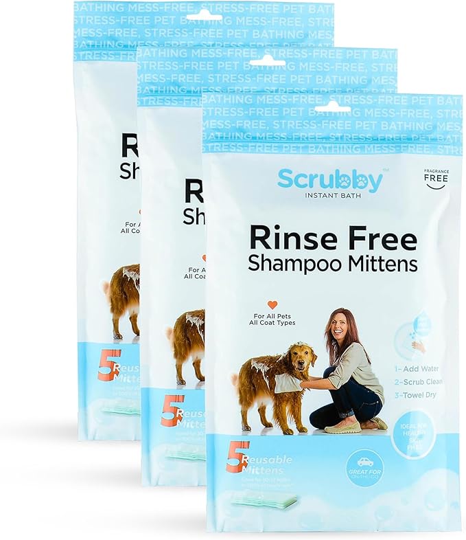 No Rinse Pet Wipes | Rinse Free Shampoo Mittens | Dogs & Cats | Bath Wipes - Bathing & Washing Pets, Hypoallergenic | No Rinse Wash Mitt | Grooming, Lather Wipe Dry - Pack of 15