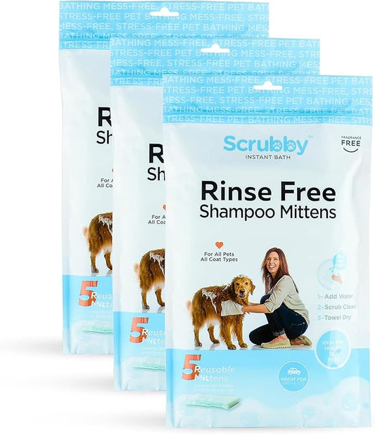 No Rinse Pet Wipes | Rinse Free Shampoo Mittens | Dogs & Cats | Bath Wipes - Bathing & Washing Pets, Hypoallergenic | No Rinse Wash Mitt | Grooming, Lather Wipe Dry - Pack of 15