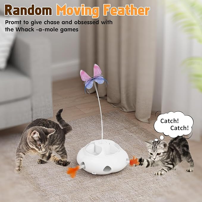 Crazydeer Interactive Cat Toys for Indoor Cats, 4in1 Pet Teaser Toy with Ambush Feather Wand, Motorized Fluttering Butterfly and Slow Feeder, Rechargeable Power Treat Puzzle Toys(White)