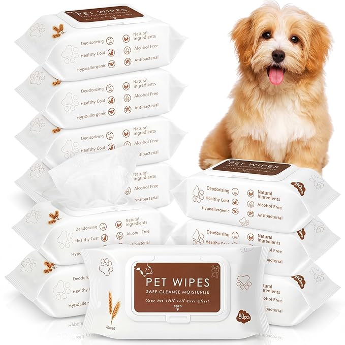 Treela 10 Packs of 800 Dog Wipes Pet Wipes Cat Grooming Supplies for Paws, Butt, Ear, Skin, Eye, Body Bath Cleaning Stain Odor Remover, Home or Travel Use (Wheat)