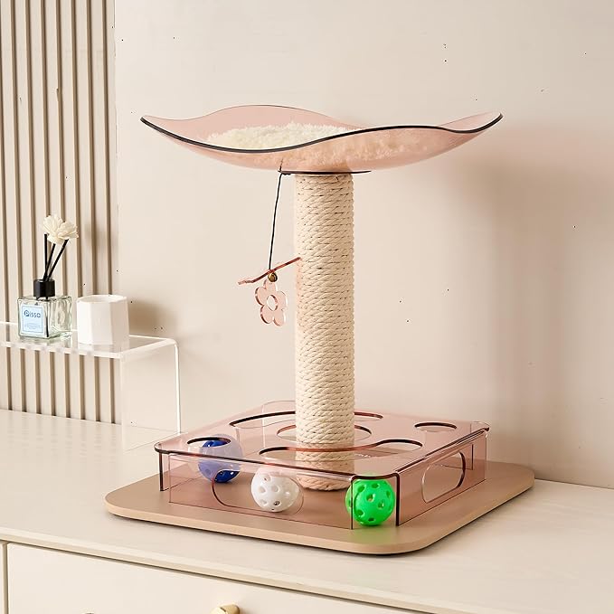 Kicari Modern 3-in-1 Interactive Cat Toy, Puzzle Box Cat Puzzle Toys for Indoor Cats with Bed/Perch, Small Cotton Scratching Posts, Colorful Jingle Balls, Dangling Toy Accent, Acrylic Pink