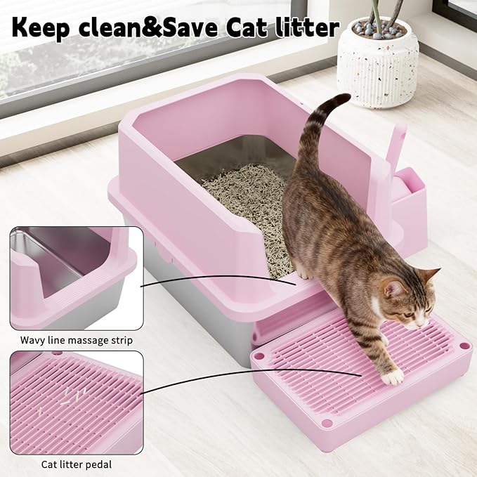 RIZZARI Cat Litter Box Large: Pink Stainless Steel Leakproof Open Top Tray for Odor Control Bathroom Balcony Use - Multi-Cat Household Solution