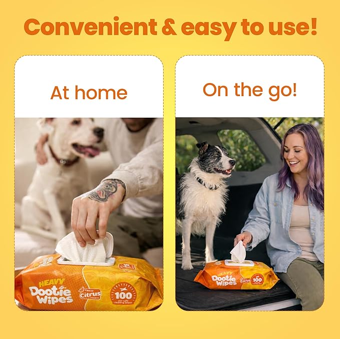 HEAVY Dootie Wipes - Convenient Durable Dog Wipes for Paws, Butt with Very Mild Pleasant Citrus Scent, 100 Count - Puppy Essentials Pet wipes, Dog Wipes Cleaning and Deodorizing. Made with Bamboo.